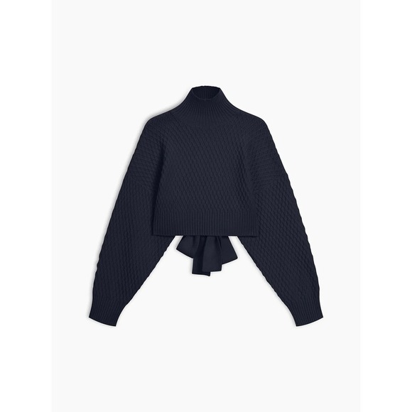 Sweater open back tie baboon sleeve mock turtleneck honeycomb pattern NAVY XS 2 - Picture 4 of 4